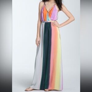 Presley Skye Color Block Silk Crepe de Chine Maxi Dress Rainbow Stripe Belt XS